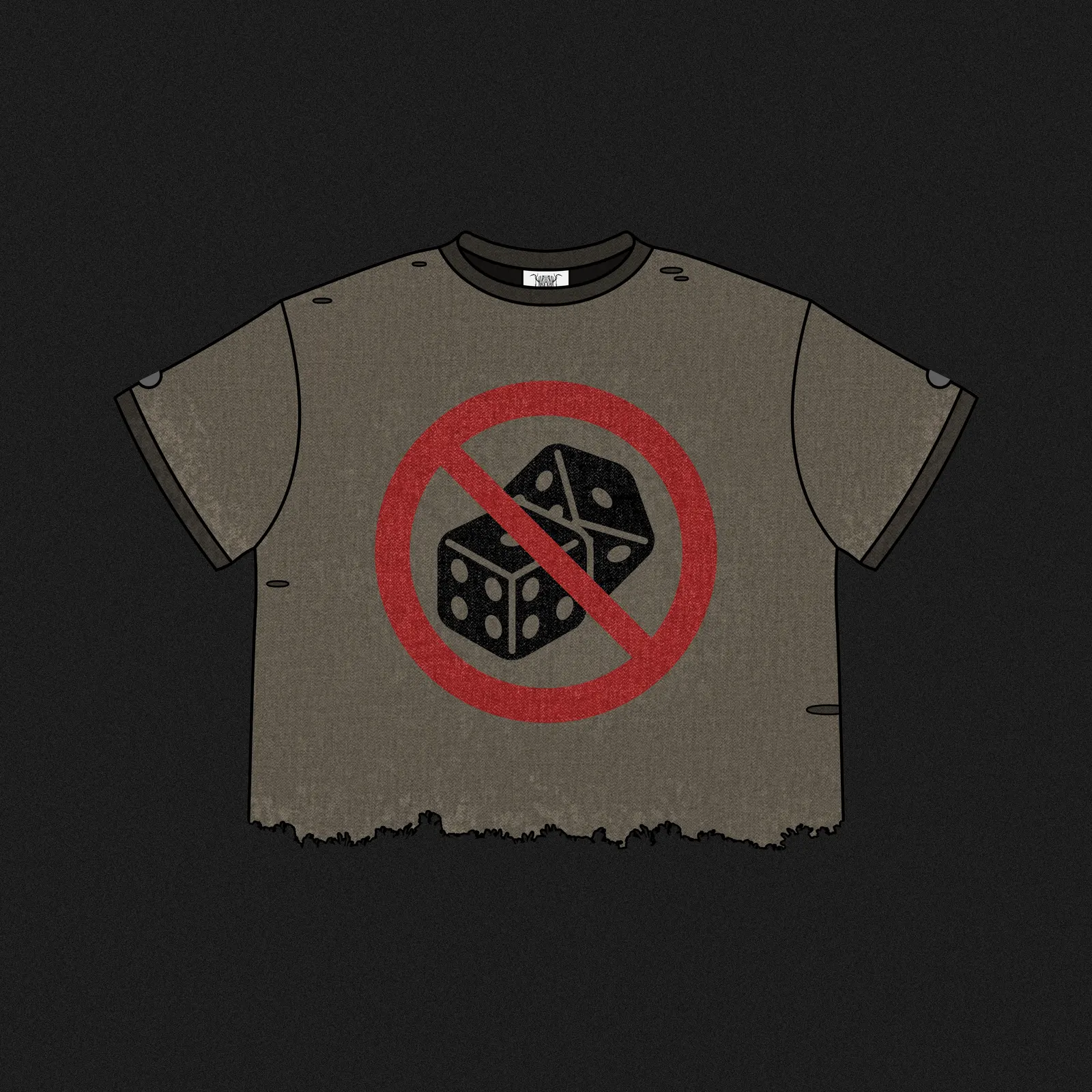 distressed olive tee flat with red no-dice prohibition graphic