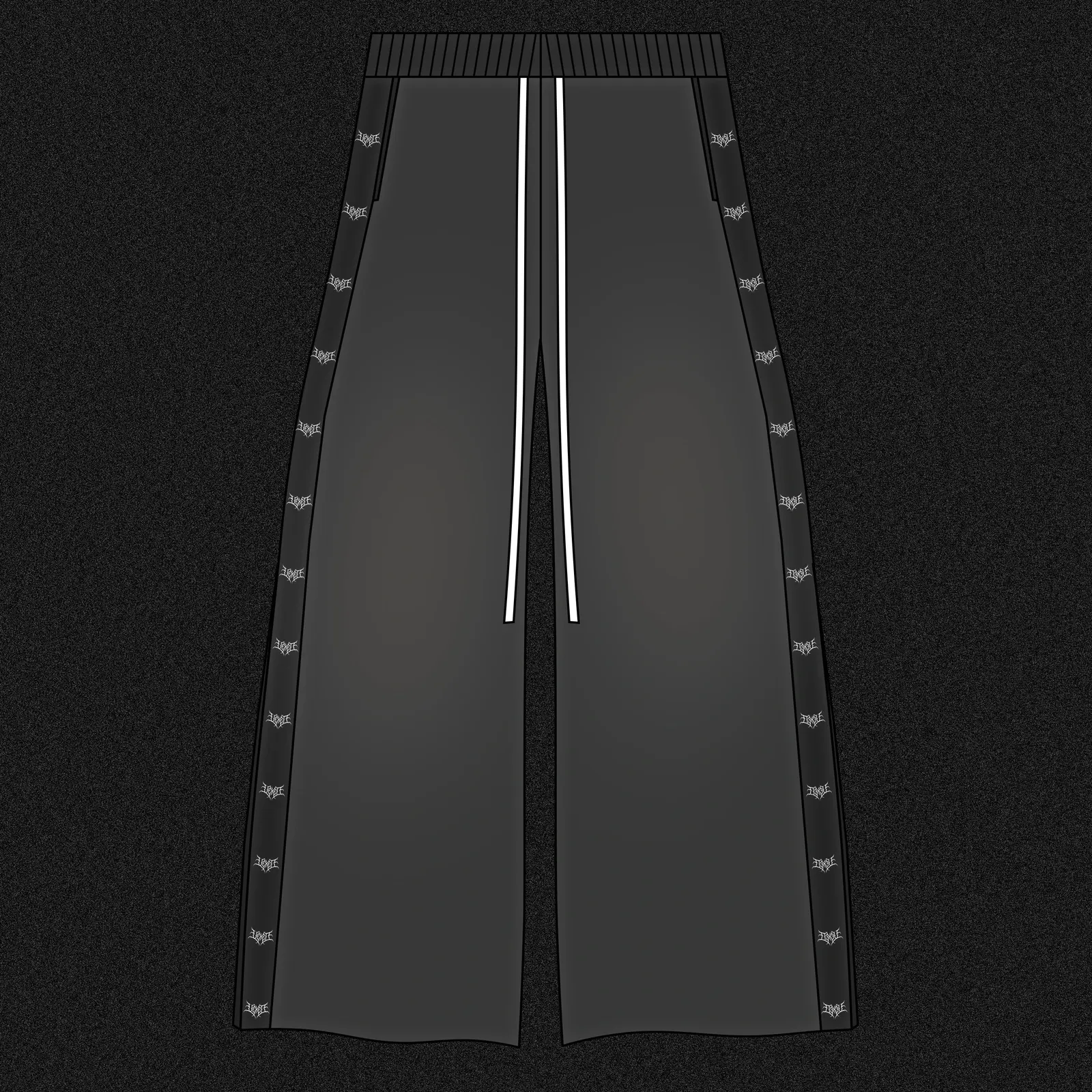 black track pants flat with white drawstrings and gothic logo tape