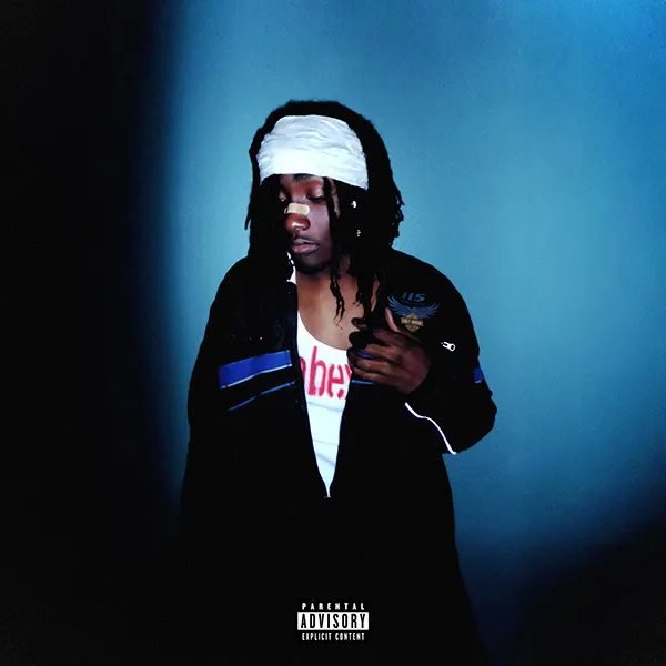 moody album cover of man in white headwrap touching chest, parental advisory