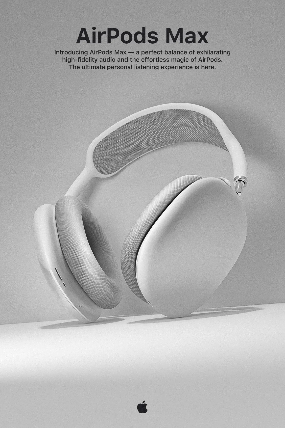 Apple-style AirPods Max ad poster, silver headphones, black Apple logo