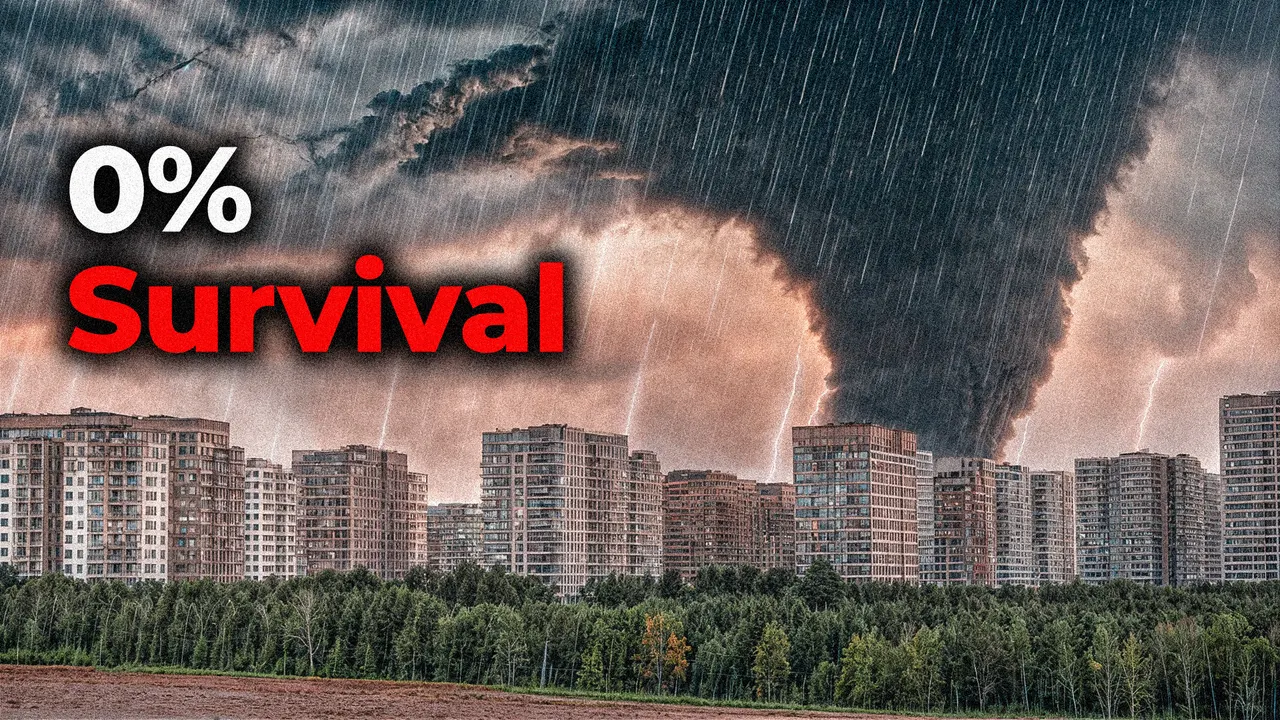 Huge tornado looming over city skyline with lightning, 0% survival text