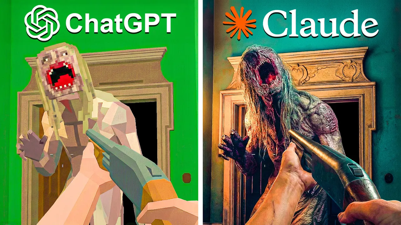 ChatGPT versus Claude split showing blocky and realistic horror game monsters