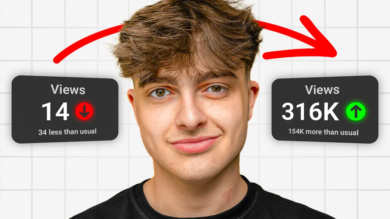 Smiling young man between low and high YouTube view counters