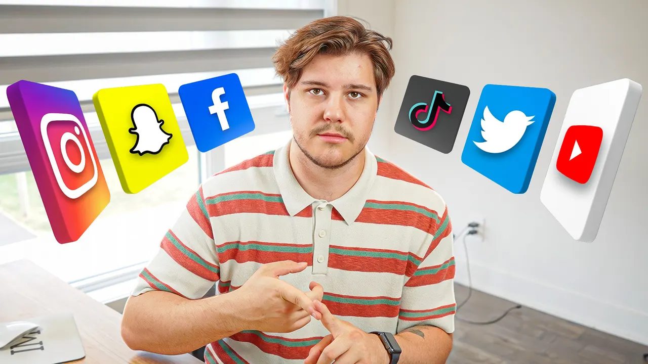 Man in striped polo surrounded by floating social media app icons