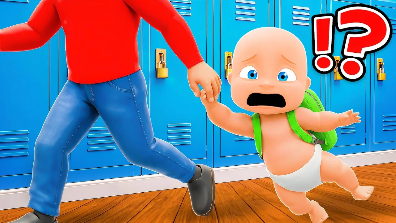 Scared cartoon baby in diaper dragged down school hallway by adult