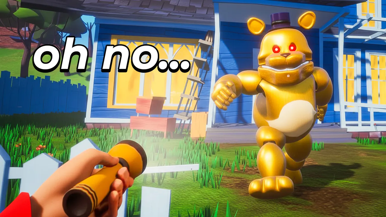 Golden Freddy animatronic chasing viewer holding flashlight, oh no text