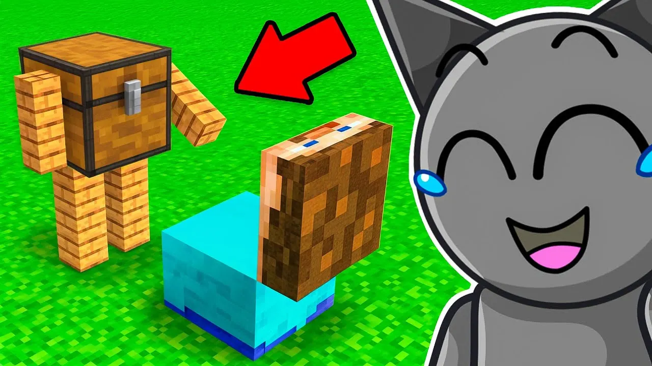 Minecraft chest on legs beside diamond block, laughing gray cat mascot